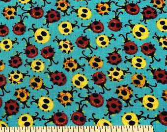 LADYBUG SWARM Fabric - Red Yellow Orange Lady Bugs on Aqua - Insects - Dots - Spots - Novelty - 100% Cotton Quilt Shop Quality
