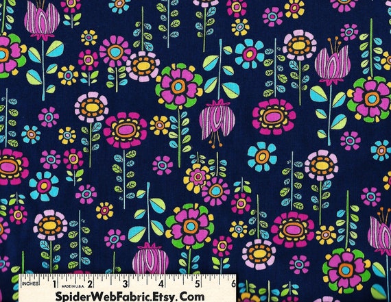 F2 POP UP FLOWERS Fabric Garden Floral Rainbow Flowers on Navy Novelty Flower  Power C8769 100% Cotton Quilt Shop Quality 