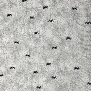 SPOOKY EVE SPIDER Fabric - Black Spiders and Spiderwebs on Gray Webs Halloween Novelty 100% Cotton Fabric Quilt Shop Quality