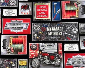 BORN TO RIDE Motorcycle Fabric Patchwork Choppers  MotorBikes Bikers Bikes -Novelty - Henry Glass - 100% Cotton Quilt Shop Quality #518-99