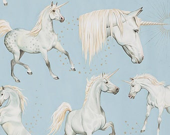 UNICORNS & STARS Fabric - horses - Fairy Tale - Make Believe - Fantasy - by Alexander Henry - Fairtytale -Sky - Novelty 100% Cotton Lt. Blue