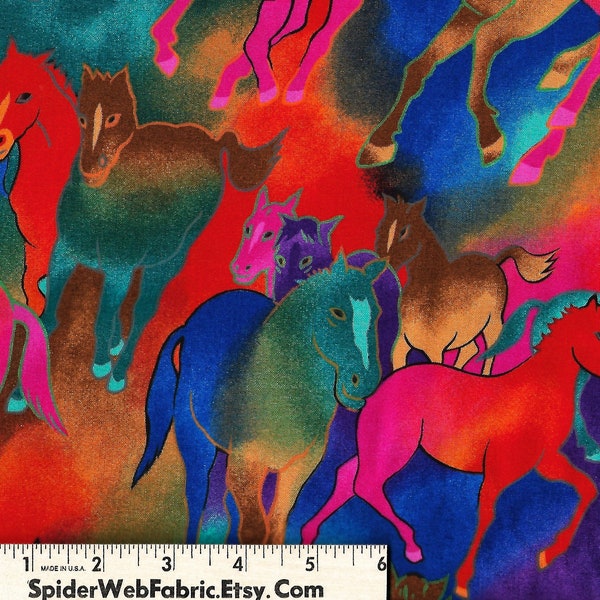 APOCALYPSE Fabric - HORSE - Painted Horses - Rainbow - Stampede - Wild Running Horses - Novelty - 100% Cotton Quilt Shop Quality  18x21 FQs