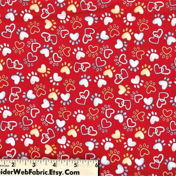 THINK PAWSITIVE Fabric - DOG Paws & Hearts - Dogs - Puppies - Canines - 09727 - Novelty  Dog Park 100% Cotton - Quilt Shop Quality  - on Red