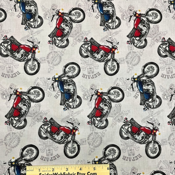 BORN TO RIDE Tossed Motorcycle Fabric Choppers  MotorBikes Bikers Bikes -Novelty - Henry Glass - 100% Cotton Quilt Shop Quality #513-90