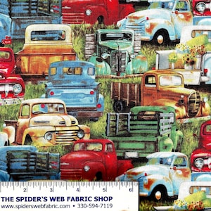 Vintage Trucks Packed Fabric - by Elizabeth Studios Pick Up Trucks Novelty 100% Cotton - Quilt Shop Quality