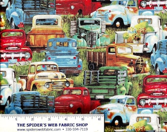VINTAGE TRUCKS PACKED Fabric Elizabeth Studios Dump Truck - Pickup Truck - Novelty - 100% Cotton Quilt Shop Quality Fabric 21002