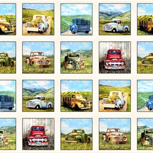 VINTAGE TRUCKS Fabric Panel - by Elizabeth Studios - 28 Squares -  Dump Truck - 100% Cotton Quilt Shop Quality Fabric - 21000E - 23" x 44"