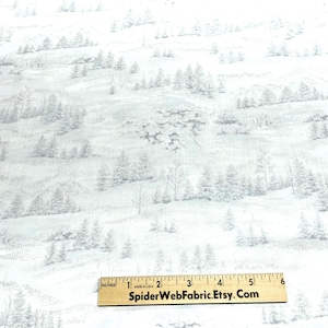 May include: White fabric with a winter landscape design. The pattern features a snowy scene with hills and evergreen trees in shades of gray. A wooden ruler with the text "SpiderWebFabric.Etsy.Com" is in the foreground.