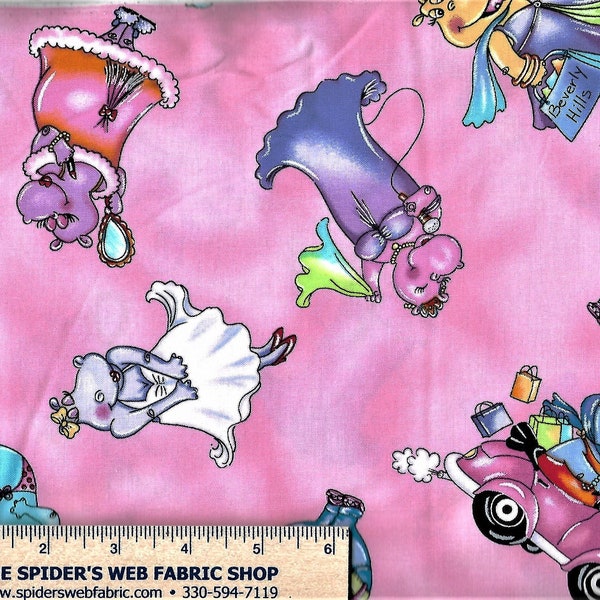 SOCIÉTÉ HIPPOS Tissu - Hippopotame - Rose - Dessin animé - Animaux - Nouveauté - Rare! - 100% Coton Quilt Shop Qualité - 18 » x 22 » FQ