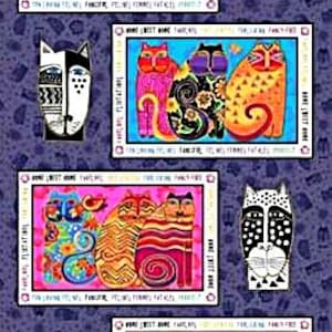May include: A colourful fabric panel featuring a repeating pattern of quirky cats. The cats are drawn in a cartoon style with bright colours and bold lines. The fabric is ideal for quilting, sewing, and crafting projects.