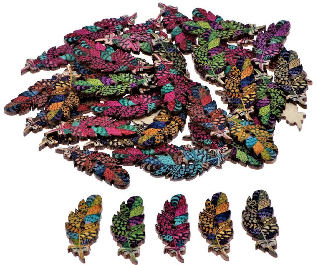 Painted Wooden Feather Buttons: Multi-color Embellishments (1-5/8