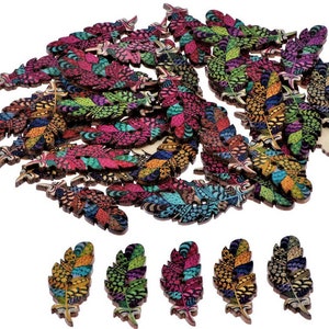 Painted Wooden Feather Buttons: Multi-Color Embellishments (1-5/8" x 1/2")