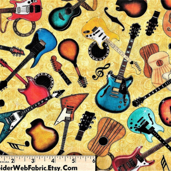 GOOD VIBRATIONS GUITARS Fabric  -- 4 Colors -- Yellow Blue Black Brown  Musical Instruments Rock & Roll Bands Quilt Shop Quality 100% Cotton