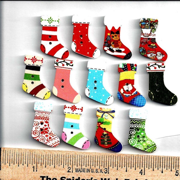 WOODEN CHRISTMAS STOCKINGS Buttons  - 2 Hole - Sew Through - Embellishments - Holiday - Novelty - Socks - Painted Price is Per Button