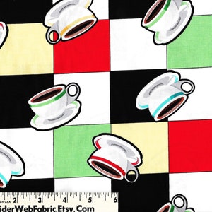 May include: A black and white checkered fabric with a repeating pattern of colorful coffee cups. The cups are white with green, blue, and red accents. The fabric is perfect for quilting, crafts, and home decor.