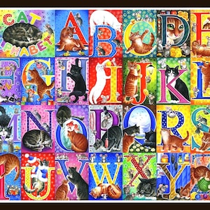 Può includere: Un'opera d'arte alfabetica colorata con gatti e topi. Ogni lettera dell'alfabeto è rappresentata con una diversa illustrazione di gatto, circondata da topi. Le lettere sono in vari colori vivaci, creando un design giocoso e stravagante.