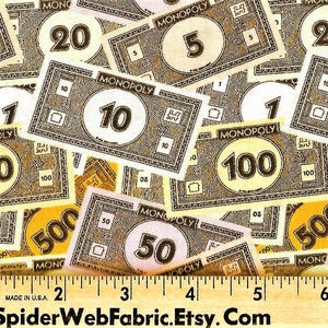 Tkanina Monopoly Money – licencjonowana nowość, tkanina Parker Bros. Game – 100% bawełny – jakość Quilt Shop – 1/2 jarda, 18" x 44"