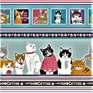 May include: A colorful illustration of cats with different expressions and text. The text includes "KIND", "ARE YOU KITTEN ME?", "LIKE YOUR CATTITUDE", "CHECK MOWWL", "DON'T STRESS MEOW", and "I LIKE YOUR CATTITUDE".