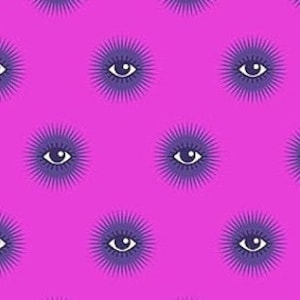 May include: A repeating pattern of stylized eyes with radiating lines on a bright pink background. The eyes are blue with white pupils.