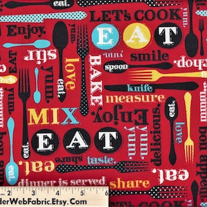 May include: Red fabric with a repeating pattern of black and white kitchen utensils, including forks, spoons, and knives. The fabric also features the words "Let's Cook", "Eat", "Bake", "Mix", "Enjoy", "Delicious", "Yum", "Love", "Share", "Dinner is Served", and "Taste".