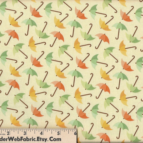 UMBRELLA TOSS Fabric - Green Orange Yellow Umbrellas on a Pale Yelllow Background Novelty - 100% Cotton Fabric  Quilt Shop Quality