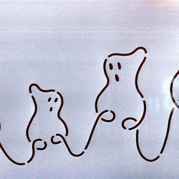 May include: A line drawing of four ghosts, each with a different size and shape, connected by a line. The ghosts are drawn in black on a white background.