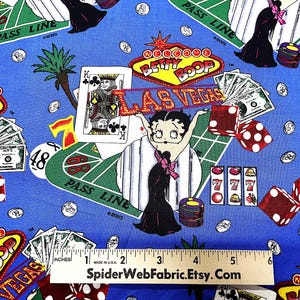 Tela vintage BETTY BOOP con motivos de Las Vegas, dados, cartas, máquinas tragamonedas, juegos de ruleta, dinero, novedad, 100 % algodón, calidad de tienda de colchas, 15" x 44"