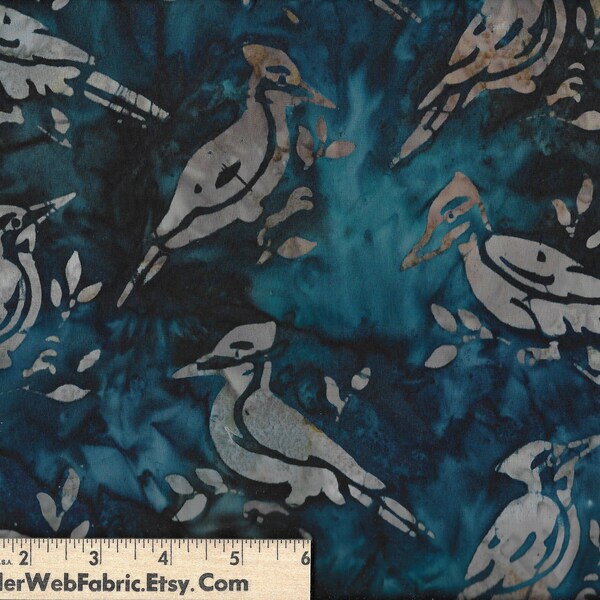 BIRD BATIK Fabric - Wildlife Sanctuary by Robert Kaufman - Deep Blue Green with Light Tan Cream Birds Novelty 100% Cotton Quilt Shop Quality