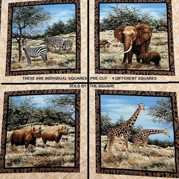 Jungle Animal Squares Fabric -4 Different Squares Giraffe Zebra Elephant Rhino Safari - READ DESCRIPTION  - 100% Cotton Quilt - Shop Quality