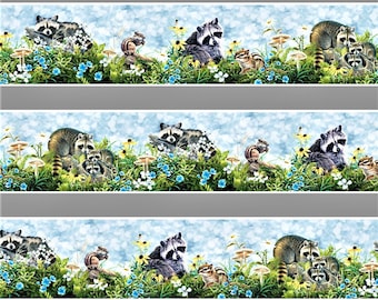 Forest Friends Fabric Border Stripe - Raccoons & Chipmunks - 100% Cotton - Quilt Shop Qualtiy