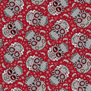 May include: A red background with a repeating pattern of gray and white sugar skulls with floral details. The skulls have the words "Ohio State" written on them.