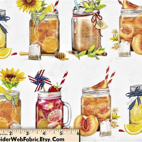 SIT and SIP Fabric - Cafe Beverages - Exotic Mason Jar Drinks - Straws - Kitchen - Quilt Shop Quality 100% Cotton -  1/2 Yards - 18" x 44"