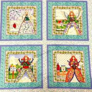 May include: Four square images of angels with halos, each with a different background and holding different items. The angels are all wearing long, flowing robes with intricate patterns. The backgrounds include a winter scene, a farm scene, a garden scene, and a harvest scene.