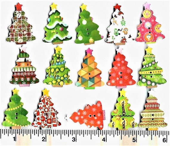 167 - WOODEN CHRISTMAS TREES Shaped Buttons Tree Holiday Embellishments  Novelty - 2 Hole Sew Thru Painted - Price is Per Button