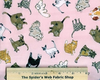 Tossed CATS on PINK Fabric - Kitties - Kittens - Siamese - Tabby - Tiger -  Kitty - Persian - 100% Cotton - Quilt Shop Quality Fabric  C5331