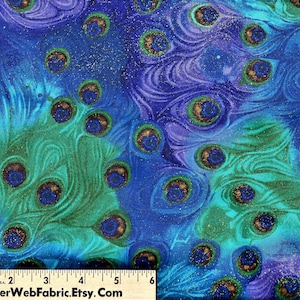PEACOCK FEATHERS MIRAGE Fabric Shades of Blues Purples Greens w/ Silver Metallic Sprinkles Bird Plumes 100% Cotton Quilt Shop Quality