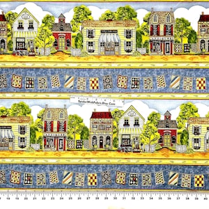 Tela con borde a rayas "MI CIUDAD NATAL" - Casas - Tiendas de patchwork y cafeterías - Tienda de antigüedades 100 % algodón - Calidad de tienda de patchwork, cortada a medida - 36" x 44"