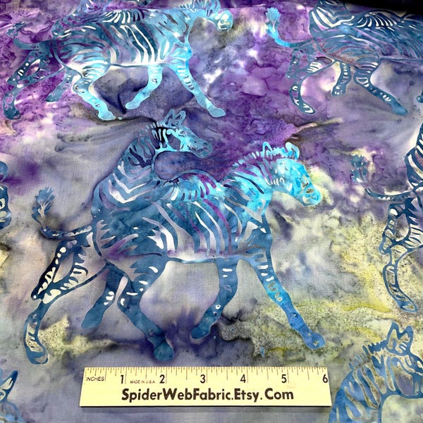 ZEBRAS in the MIST BATIK Fabric  - Blues Purples Olive Greens Jungle Animals Safari Africa 100% Cotton Quilt Shop Quality