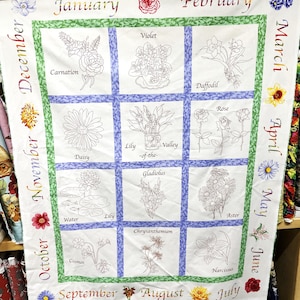 FLOWER of the MONTH Stitching / Coloring Panel Fabric Roses Violet Daisy Floral Flowers Embroidery 100% Cotton Quilt Shop Quality  34&quot;x44&quot;
