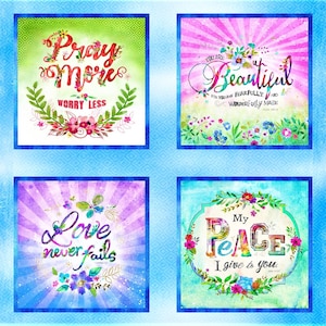 Puede incluir: Cuatro imágenes cuadradas coloridas con citas inspiradoras y diseños florales. La imagen superior izquierda dice "Reza más, preocúpate menos". La imagen superior derecha dice "Eres hermosa porque eres hecha maravillosamente". La imagen inferior izquierda dice "El amor nunca falla". La imagen inferior derecha dice "Mi paz te doy".