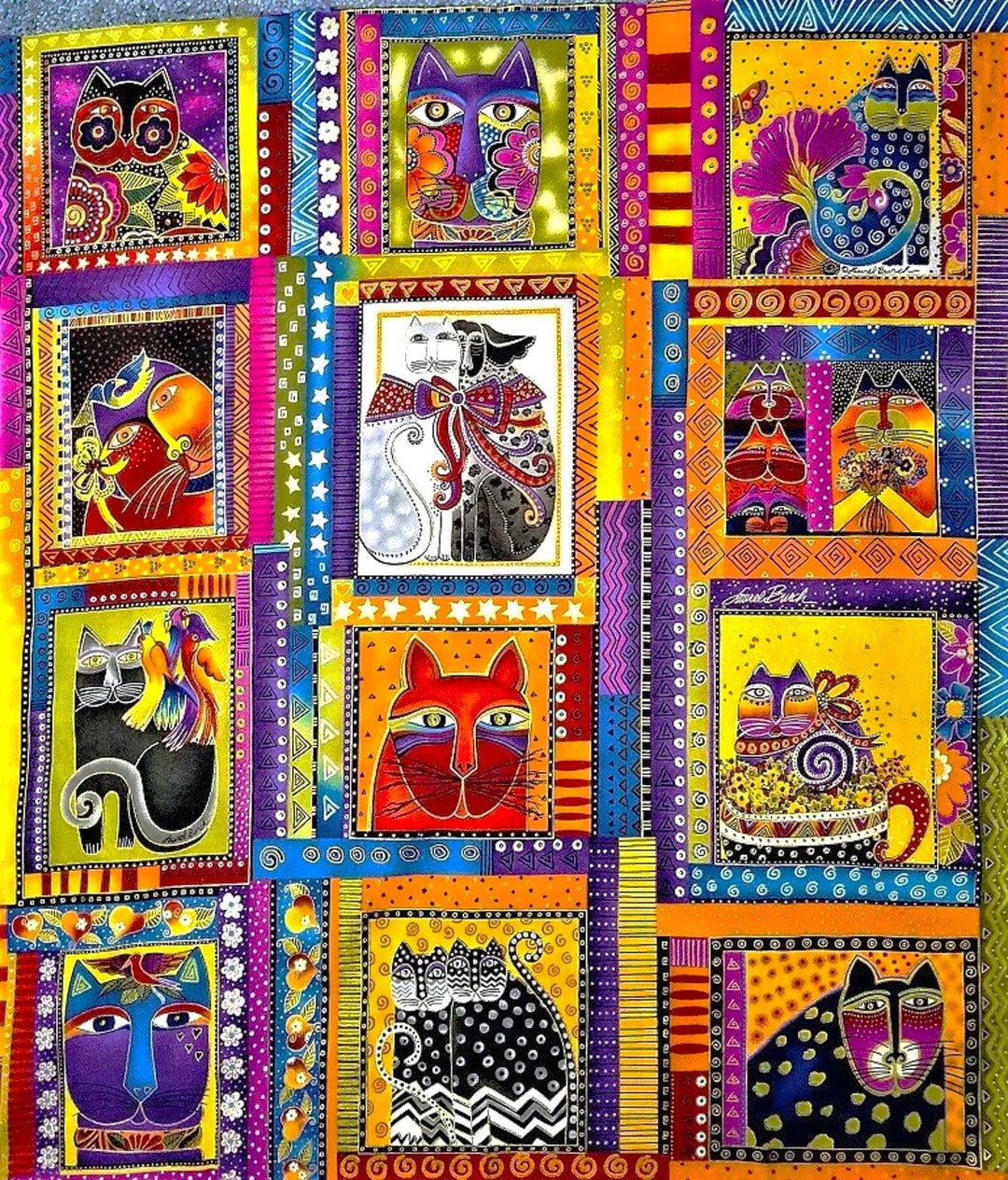 COLORED CAT PANEL Fabric by Laurel Burch - Fabulous Felines - Cat Block ...