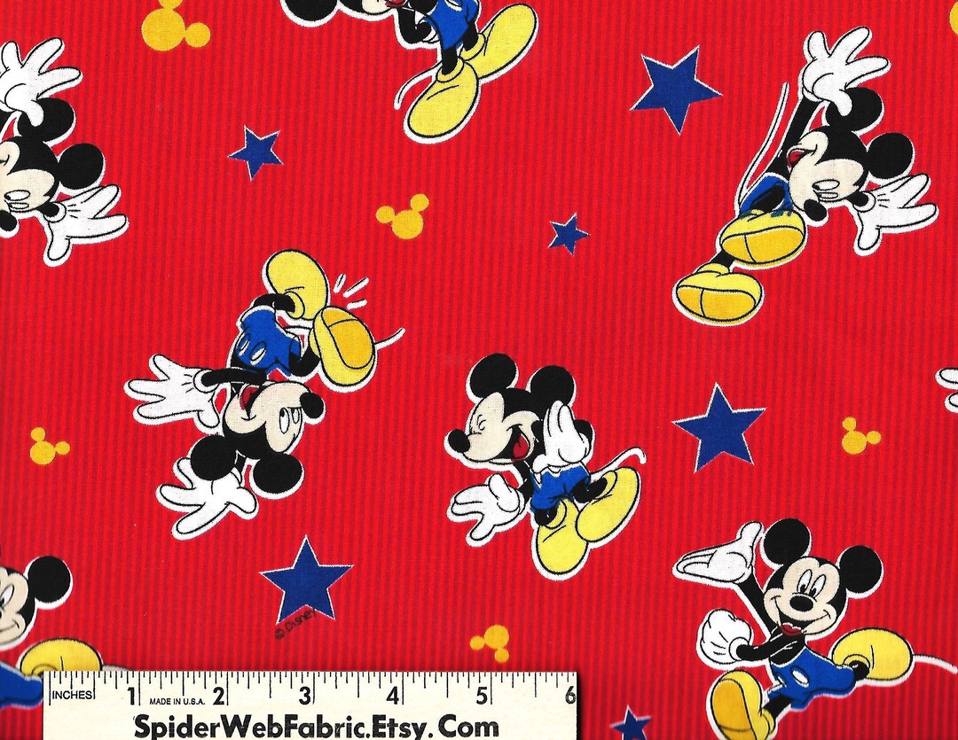 MICKEY MOUSE Fabric - Disney - Cartoon - Red Stripe - Stars