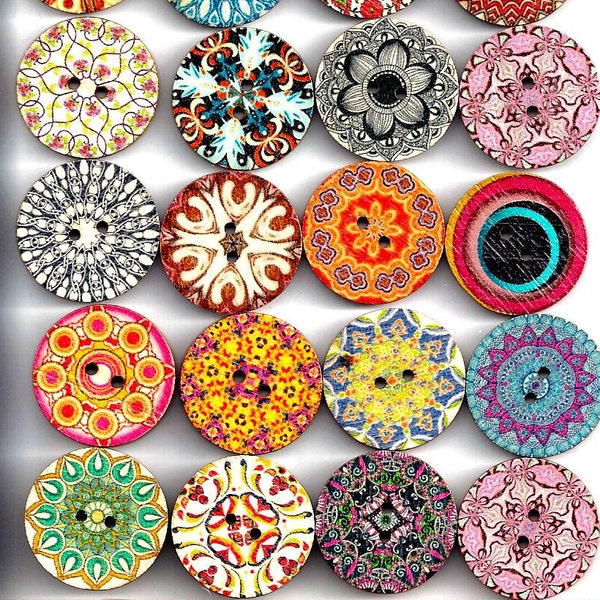 Wooden Round KALEIDOSCOPE BUTTONS  Multi-Patterned Designs Wood Buttons 2 Sizes  2 Hole Flatu Sew Thru Painted Price is per Button