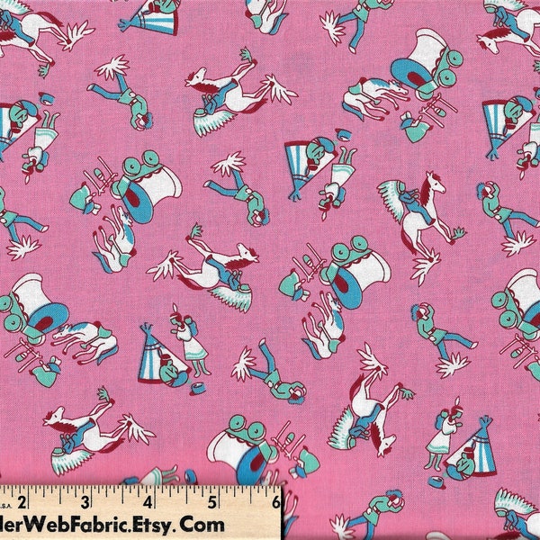 STORYBOOK RANCH Fabric 1930 1930's Style Windham Bubblegum Pink Wagon Train Horses Cowboys Western 100% Cotton Quilt Shop Quality 33"x44"