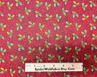 May include: Red fabric with a repeating pattern of green holly leaves and red berries. The fabric is covered in tiny white dots. A ruler is included in the image with the text "SpiderWebFabric.Etsy.Com".