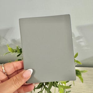 May include: A rectangular, gray, matte-finish object is held in front of green leafy sprigs. The object is smooth and appears to be a small, flat notepad or a decorative piece. The background is a light gray wall.