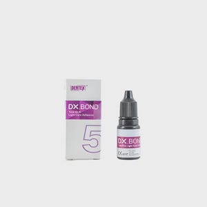 May include: A white and purple box and a small dark bottle of DX. BOND Total Etch Light Cure Adhesive. The box has the number 5 printed on it in large purple numbers. The bottle has a black cap and a purple label.
