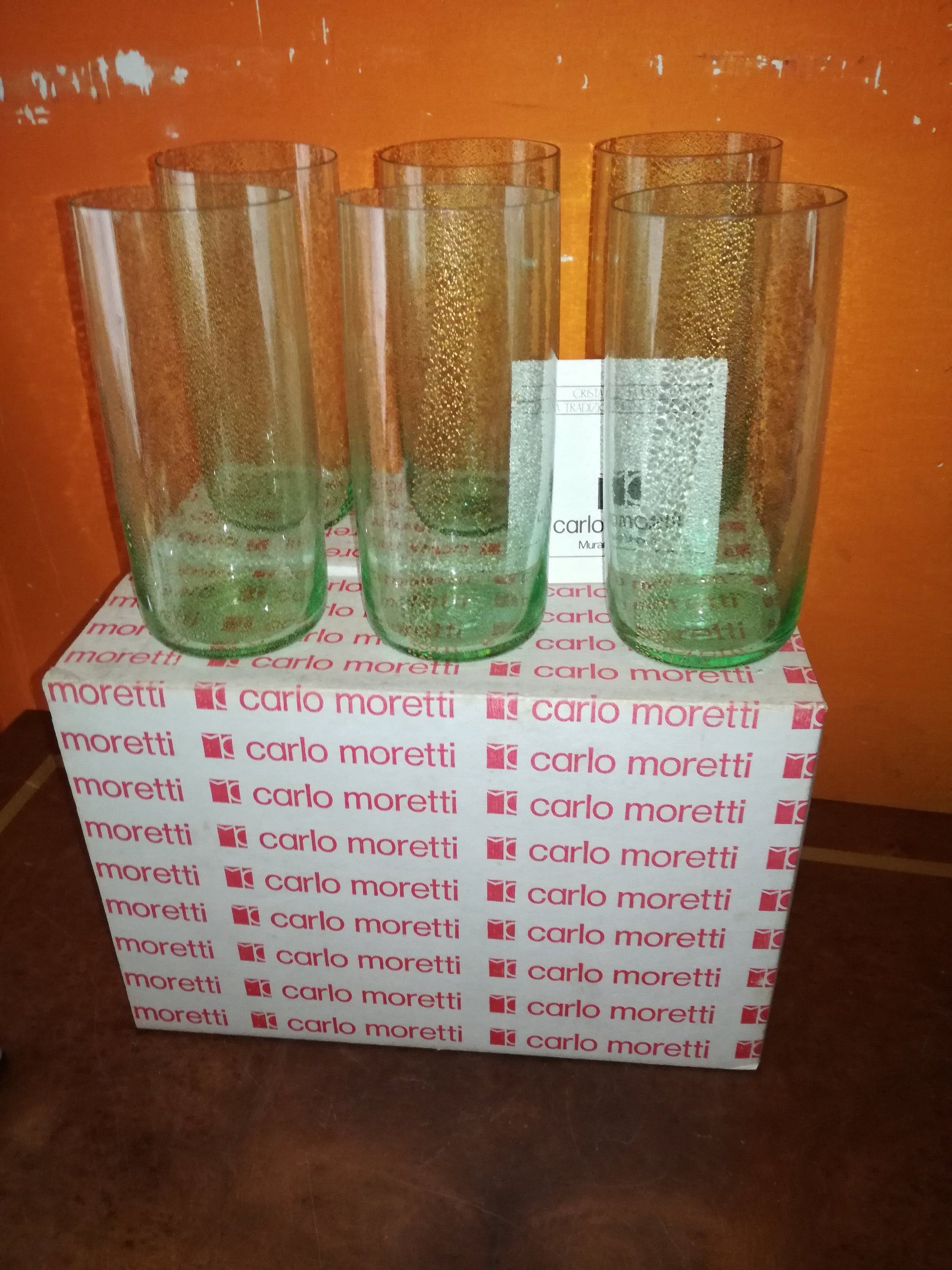 カルロ モレッティ ムラーノ グラス 6 個 サイン入りグリーン ゴールド