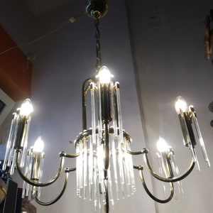 Plafonnier Sciolari lustre doré laiton 48 tiges de verre Fabriqué en Italie Années 1980