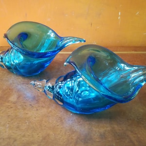Murano-snäckglas, överflödshorn, blått glas, par, autentiskt, Tillverkat i Italien 1980-talet